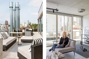 La arquitecta Cynthia De Winne, sentada en un sillón con estructura de hierro (Federico Churba). La terraza tiene sectores definidos según su uso. En su living, muebles de exterior (Mausy Design).