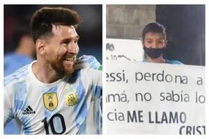 Un hincha de 11 años sorprendió a Lionel Messi en Ezeiza con un desopilante cartel