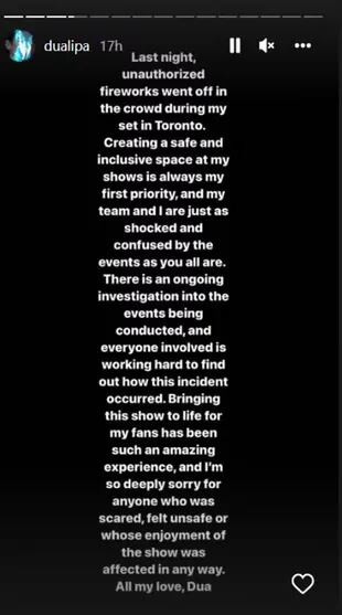 El comunicado de Dua Lipa sobre el incidente en Toronto (Foto: Instagram @dualipa)