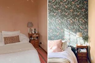 Antes y después de un dormitorio con pared pintada con esténcil