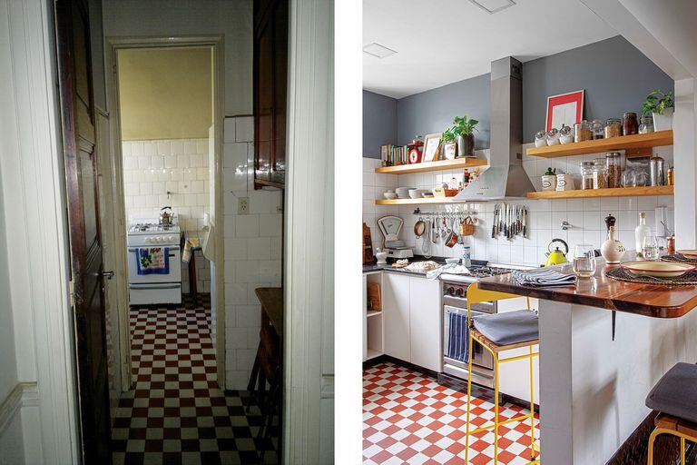 Foto del antes y después de una cocina con piso en damero rojo y blanco.