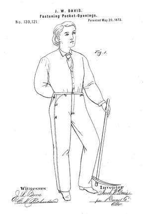 Dibujo de patente para 'sujeción de aberturas de bolsillo' por Jacob Davis (como JW Davis), 20 de mayo de 1873