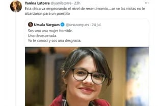 Yanina Latorre comentó un tuit que había enviado Ursula Vargues en el que la exmodelo agredía a Gisela Marziotta