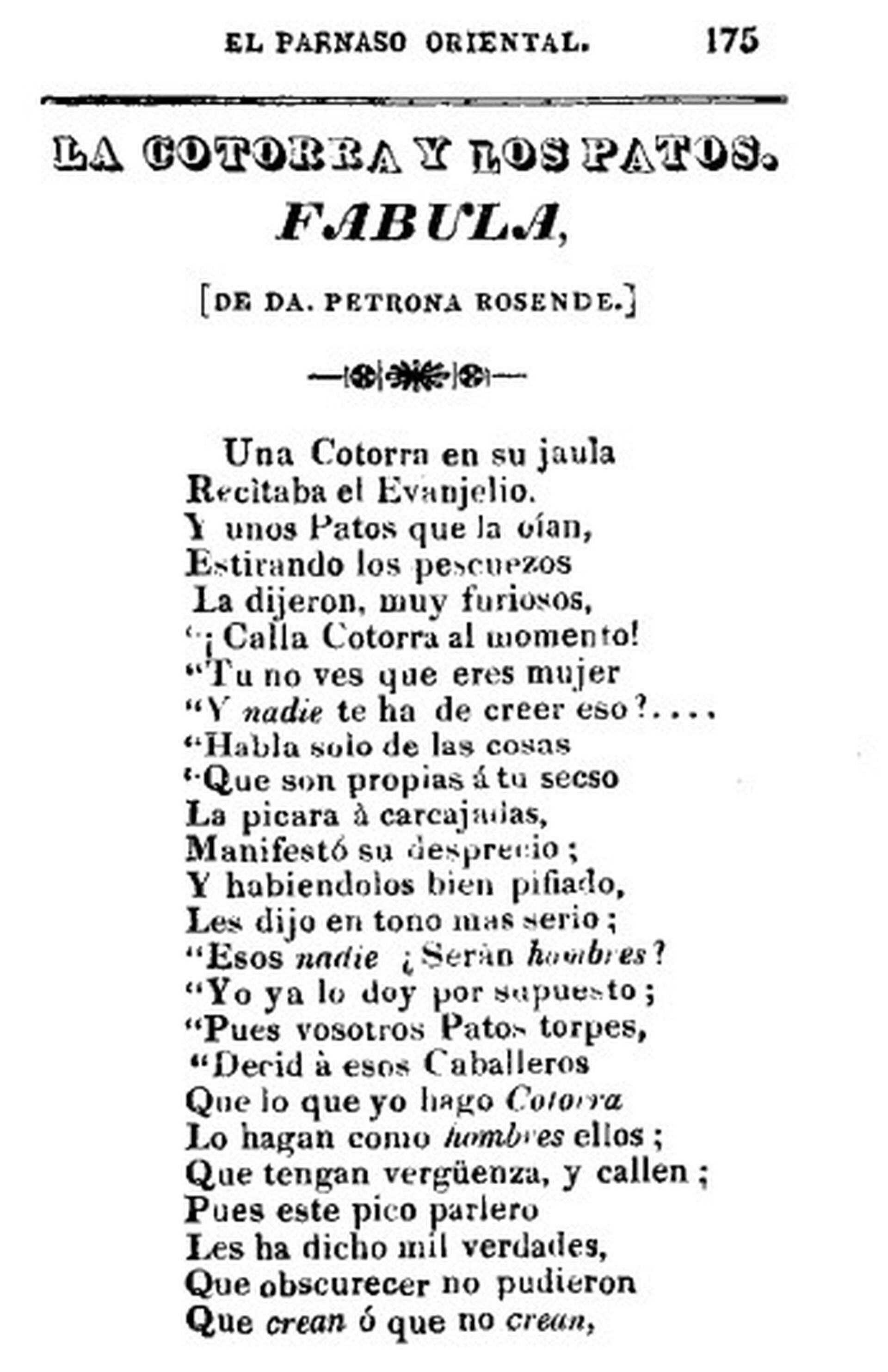 El poema La Cotorra y los patos" de Petrona Rosende
