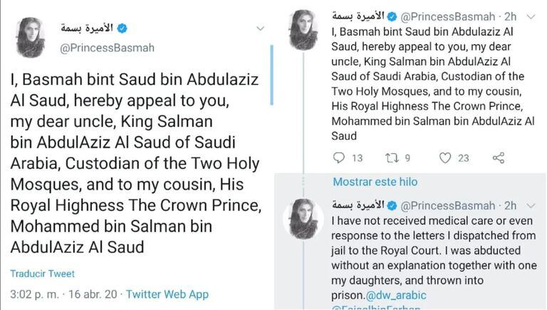 En abril de 2020, trece meses después de su secuestro, la princesa Basma apareció en Twitter pidiendo piedad a su tío, el rey Salman, y también a su primo, el temido MBS. Los mensajes duraron un suspiro en las redes ya que fueron misteriosamente eliminados.