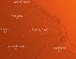 Los meteorólogos prevén otro día de temperaturas extremas en la Ciudad de Buenos Aires y su zona metropolitana (Fuente: Windy)