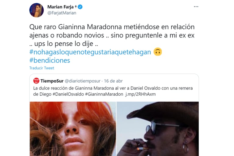 Marian Farjat, la exGran hermano hizo una fuerte acusación en Twitter contra Gianinna Maradona