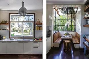 En la cocina, bancos y mesa de pino Brasil (Pablo Ledesma), el mismo material de los estantes laterales.