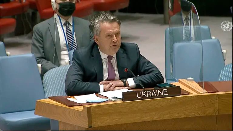 In this image taken from UNTV video, Ukraine's ambassador to the United Nations, Sergiy Kyslytsya, speaks during an emergency meeting of the United Nations Security Council at UN headquarters, Monday, February 21, 2022. ( UNTV via AP)