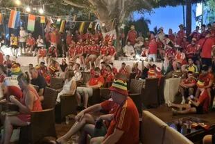 Hinchas de Gales miran el partido contra Estados Unidos en una pantalla gigante, en Tenerife