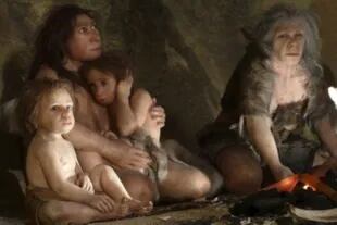 Ilustración de un grupo de neandertales