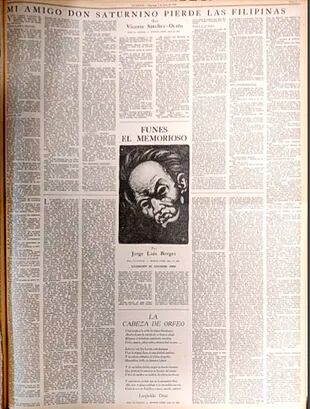 Página de LA NACION donde, ochenta años atrás, se publicó por primera vez "Funes el memorioso"