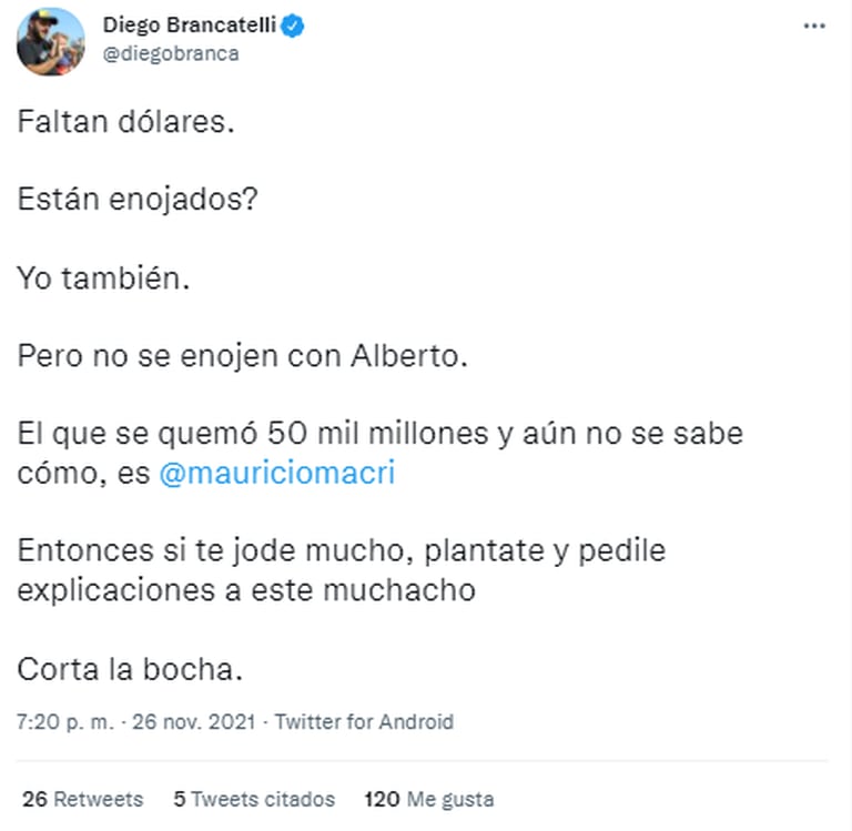 El mensaje de Diego Brancatelli en favor de la medida del BCRA y en contra de Mauricio Macri