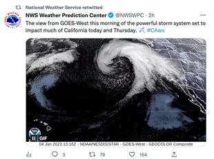 Die GOES-Wes-Ansicht von heute Morgen eines mächtigen Sturmsystems, das voraussichtlich heute und am Donnerstag einen Großteil Kaliforniens treffen wird.