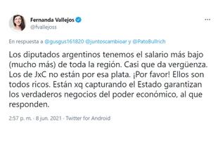Vallejos aseguró que el salario de los diputados argentinos es el más bajo de la región