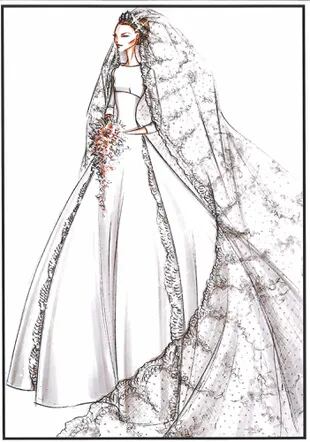 Figurín del vestido de novia que creó Valentino Garavani, un diseño color marfil con mangas francesas y discreto cuello redondeado, cuerpo liso y dos elegantes apliques de encaje a ambos lados de falda. El gran detalle era la llamativa cola de cinco metros de largo, así como el velo de tul floral artesanal. 