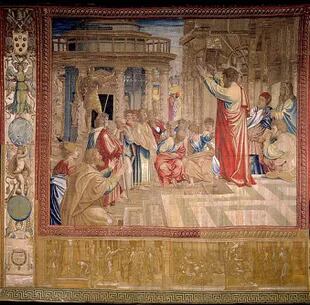 El conjunto representa las historias de San Pedro y San Pablo; en esta imagen, "San Paolo predica ad Atene"