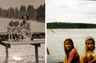 Izq: Merja y Didi, junto a su madre, que fue enfermera durante la guerra. A Finlandia se lo llama el país de los mil lagos, aunque lo cierto es que tiene un total de 187 888 lagos, de los cuales 56 000 tienen más de una hectárea. Der: En 1993, Merja llevó a sus hijas menores a conocer Finlandia.