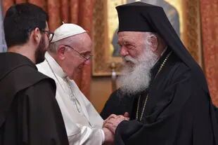 Pope Francis is received by the Archbishop of Athens and Head of the Orthodox Church of Greece, Jerome II