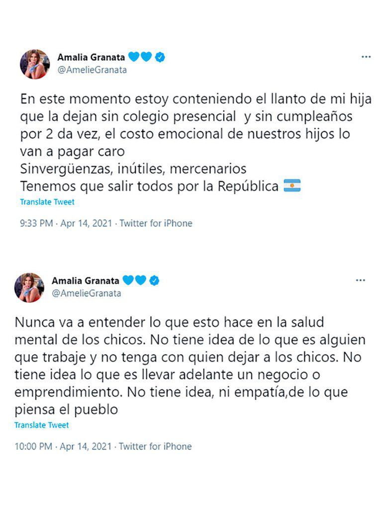 Los tuits de Amalia Granata, indignada por la suspensión de clases presenciales