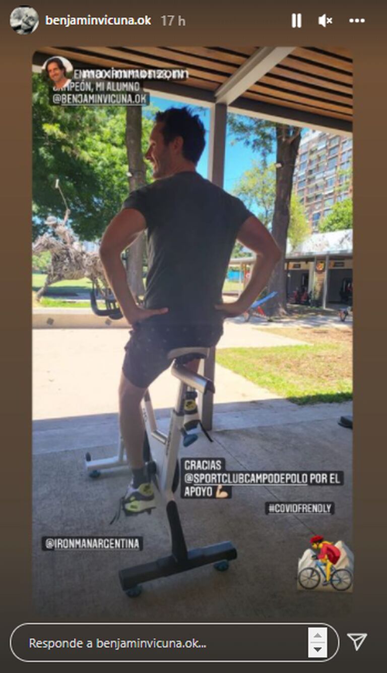 Benjamín Vicuña compartió una historia en su Instagram donde se lo vio entrenando en una bicicleta fija (Crédito: Instagram/@benjaminvicuna.ok)