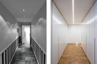 ANTES: un pasillo con luces empotradas y empapelado. DESPUES: una audaz propuesta blanca con una iluminación de vanguardia.