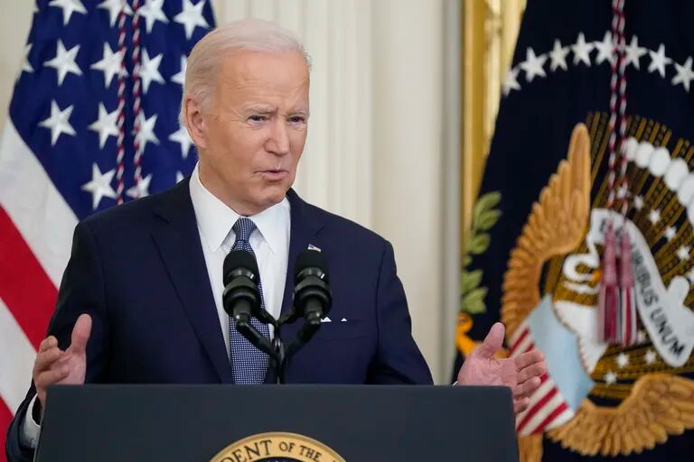 Il presidente Joe Biden parla all'evento Black History Month alla Casa Bianca a Washington, 28 febbraio 2022 (AP Photo/Patrick Semansky)