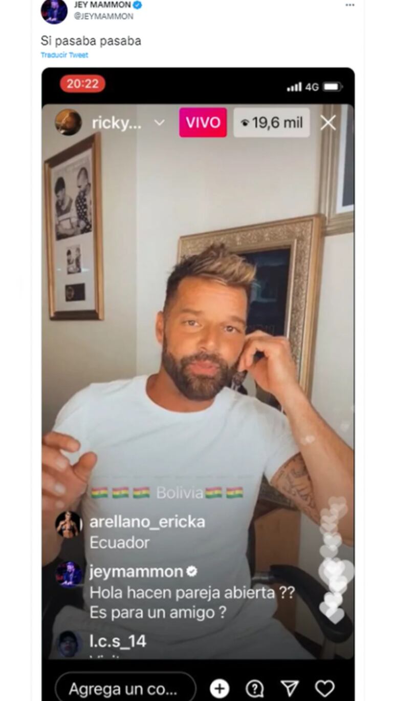 The host of Los Mammones shared the screenshot on Twitter where you can see the indiscreet question he asked Ricky Martin