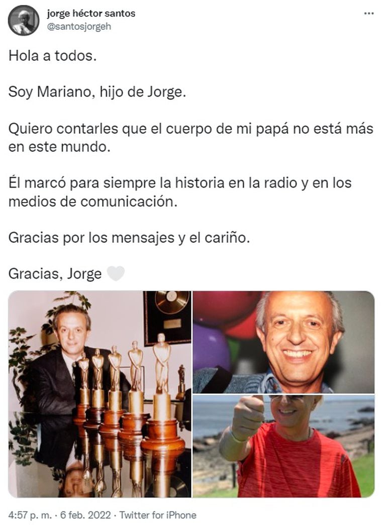 El mensaje que dejó Mariano Santos en la cuenta de Twitter de su papá. (Foto: Twitter)