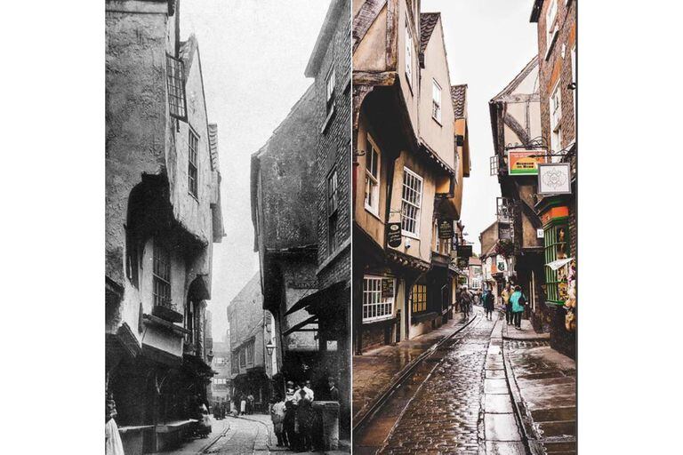 Una icónica calle de York, Reino Unido, que sirvió como inspiración para el callejón Diagon de Harry Potter. Finales de 1800 a la actualidad