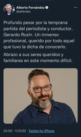 El mensaje de Alberto Fernández tras la muerte de Gerardo Rozín