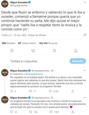 Migue Granados despidió a Gerardo Rozín en su Twitter
Foto: captura de pantalla