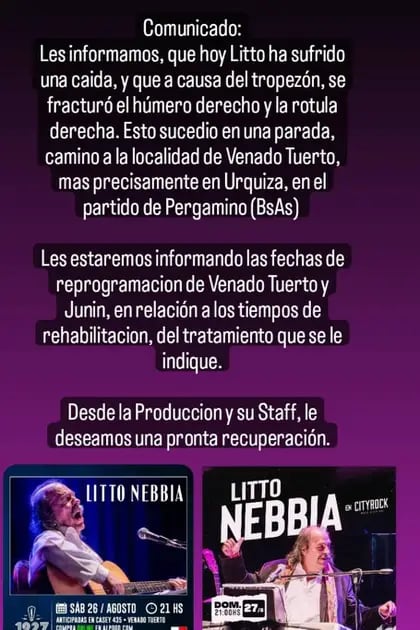 El comunicado de la productora encargada de organizar los shows de Litto Nebbia en Venado Tuerto y Junín da detalles del accidente del músico