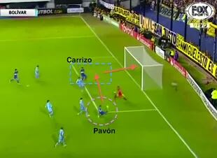 Centro rasante de Pavón y gol de Carrizo a Bolívar, entrando como "falso 9"