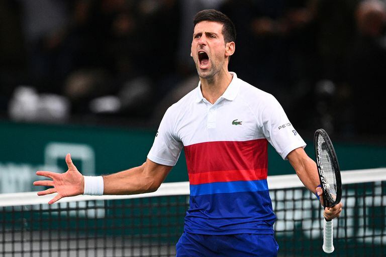 El serbio Novak Djokovic celebra después de ganarle al polaco Hubert Hurkacz y alcanzar la final del Masters de París... y seguir arriba de todos