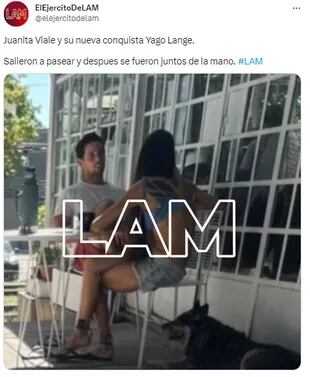 Tuit de El ejército de LAM en donde se muestra a Juana Viale junto a Yago Lange (Fuente: @elejercitodelam)