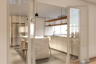Se puede optar por una cocina semiabierta con puertas vidriadas o cortinas que permitan abrir y cerrar el espacio