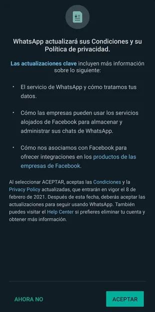 El pedido de autorización que aparece en Whatsapp; a partir del 8 de febrero será obligatorio aceptarlo para seguir usando la aplicación