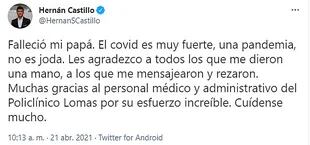 Murió el papá del periodista Hernán Castillo. Su mensaje en Twitter
