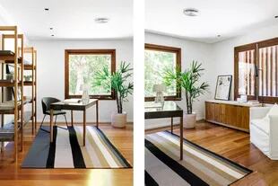 En el espacio de trabajo, mesa, estantería (ambos de Las Marinas), silla (Landmark), alfombra (Rugit) y maceta con palmera rafis (Ciudad Naturaleza).