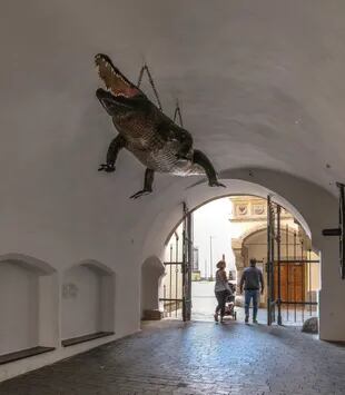 El dragón, que asoló la ciudad, cuelga del viejo Ayuntamiento
