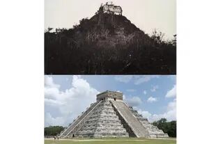 Chichen Itza, patrimonio arqueológico de México, la postal en blanco y negro corresponde a 1892, y la segunda es actual