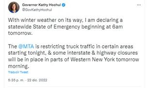 Il governatore di New York Kathy Hochul ha dichiarato lo stato di emergenza per tutta New York a partire da venerdì.