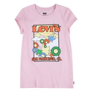 Remera rosa con dibujos; descripción: Graphic tee "sun & flowers" teen girls. Levis. Precio: $3200