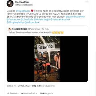 El tuit de Patricia Rincci que muestra una parte de la ceremonia de los 80 de Marilina Ross y el retuiteo de la artista que agradece todo el amor recibido