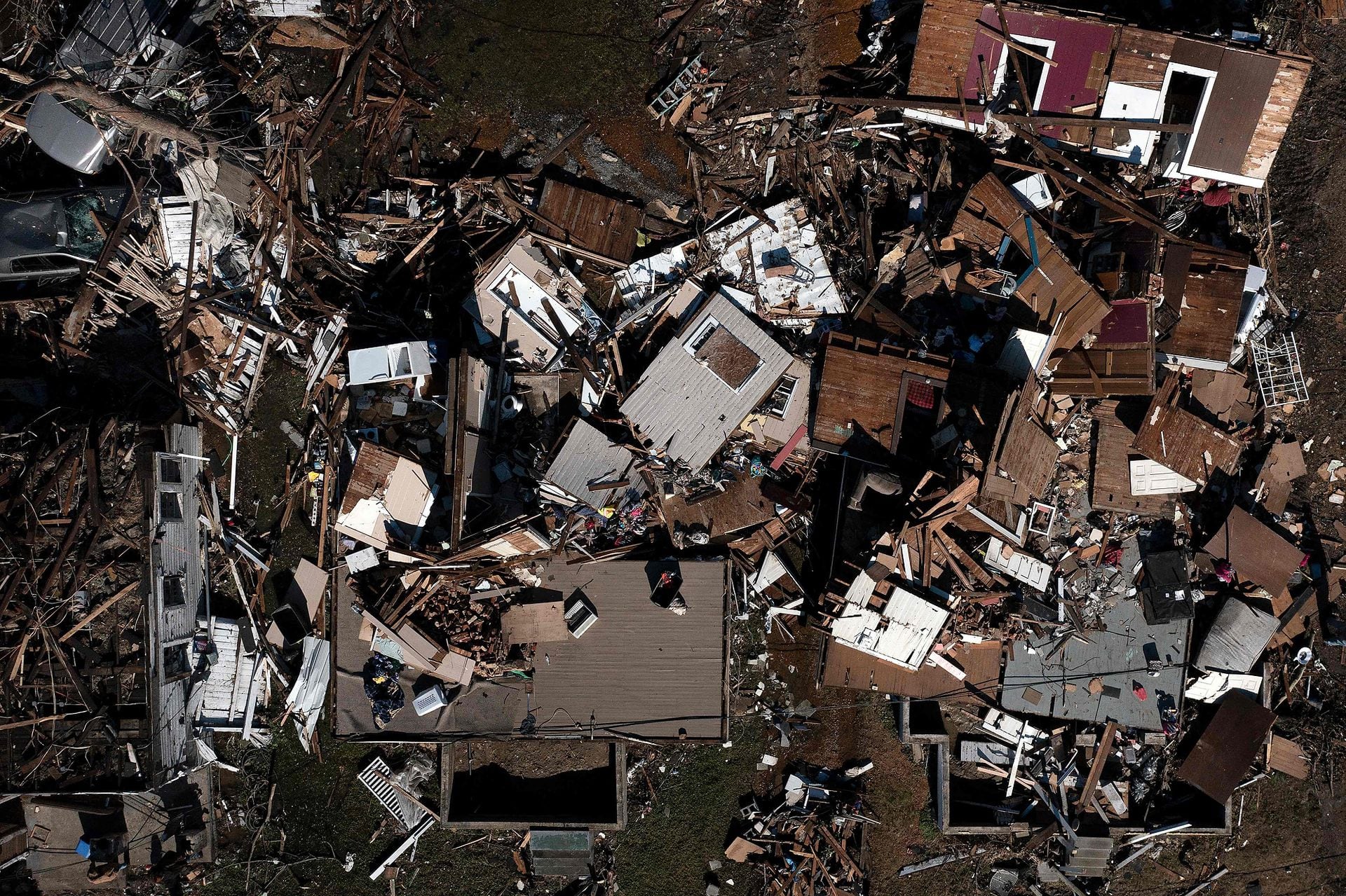 This aerial image shows the damage caused by a hurricane on December 12, 2021, after severe weather in Mayfield, Kentucky.