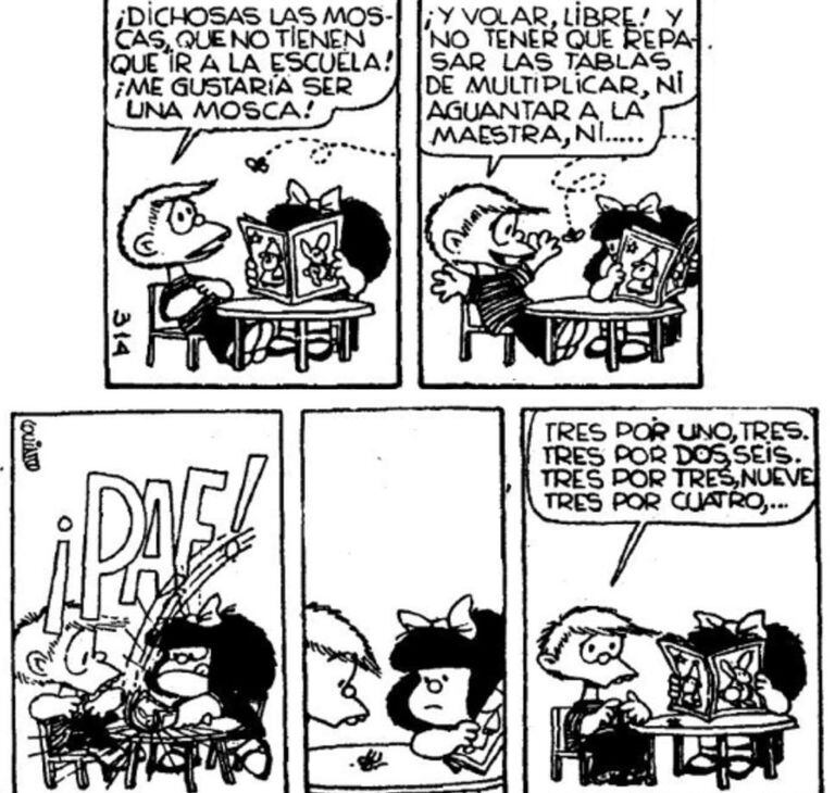 Felipe a veces se pierde en sus sueños y Mafalda, o su mamá, son quienes deben despertarlo para que vuelva a tener los pies en la tierra.