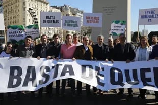 Intendentes santrafesinos protestaron esta semana en el Obelisco por los incendios en las islas del delta del Paraná