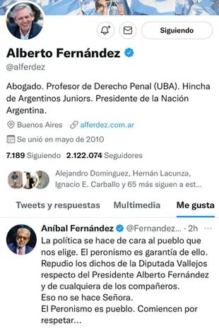 El "me gusta" de Alberto Fernández al posteo de Aníbal Fernández en el que repudia los insultos de Fernanda Vallejos.