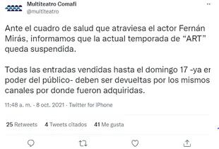 El mensaje del Multiteatro sobre la salud de Fernán Mirás (Foto: Captura Twitter/@multiteatro)